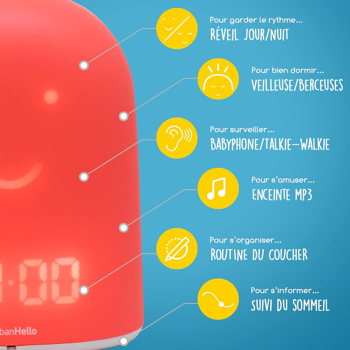 Réveil + Babyphone connecté éducatif Rémi – Rouge – UrbanHello