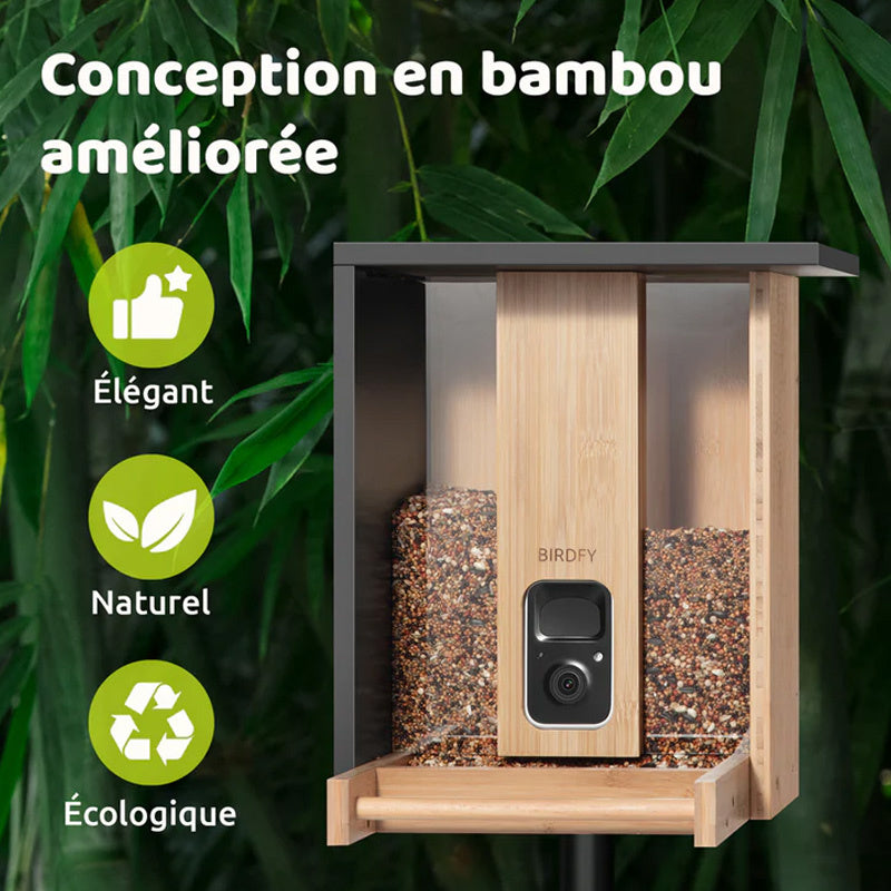 Mangeoire à oiseaux en bambou connectée avec caméra IA et panneau solaire Birdfy – Birdfy
